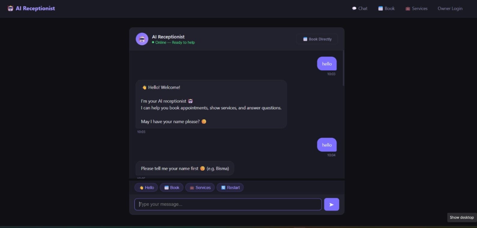 AI Receptionist booking system interface